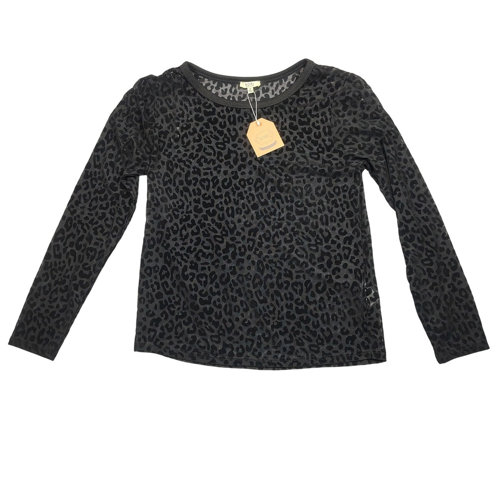 Kori America Mesh Top Women Medium Black Leopard Burnout Velvet Long Sleeve
